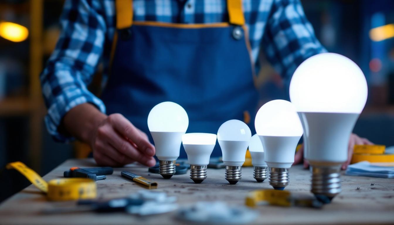 A photograph of a lighting contractor examining various led lamp sizes displayed on a workbench