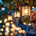 A photograph of a lighting contractor carefully hanging decorative lanterns in a beautifully lit outdoor setting