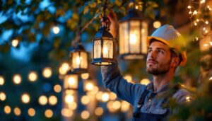 A photograph of a lighting contractor carefully hanging decorative lanterns in a beautifully lit outdoor setting