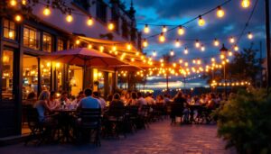 A photograph of a beautifully illuminated outdoor cafe setting at dusk