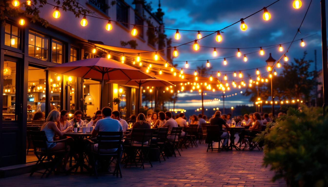A photograph of a beautifully illuminated outdoor cafe setting at dusk