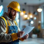 A photograph of a professional lighting contractor reviewing a detailed checklist while inspecting a well-lit residential or commercial space