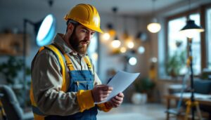 A photograph of a professional lighting contractor reviewing a detailed checklist while inspecting a well-lit residential or commercial space