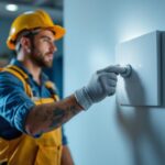 A photograph of a skilled lighting contractor installing a modern electricity light switch in a stylishly designed interior