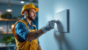A photograph of a skilled lighting contractor installing a modern electricity light switch in a stylishly designed interior