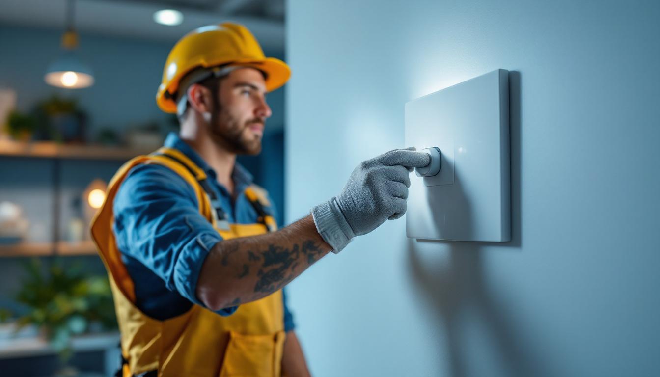 A photograph of a skilled lighting contractor installing a modern electricity light switch in a stylishly designed interior