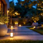 A photograph of a beautifully lit outdoor space featuring led pot lights illuminating a patio or garden area