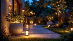 A photograph of a beautifully lit outdoor space featuring led pot lights illuminating a patio or garden area