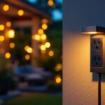 A photograph of a beautifully designed outdoor light fixture with an integrated outlet