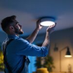A photograph of a lighting contractor installing a sleek