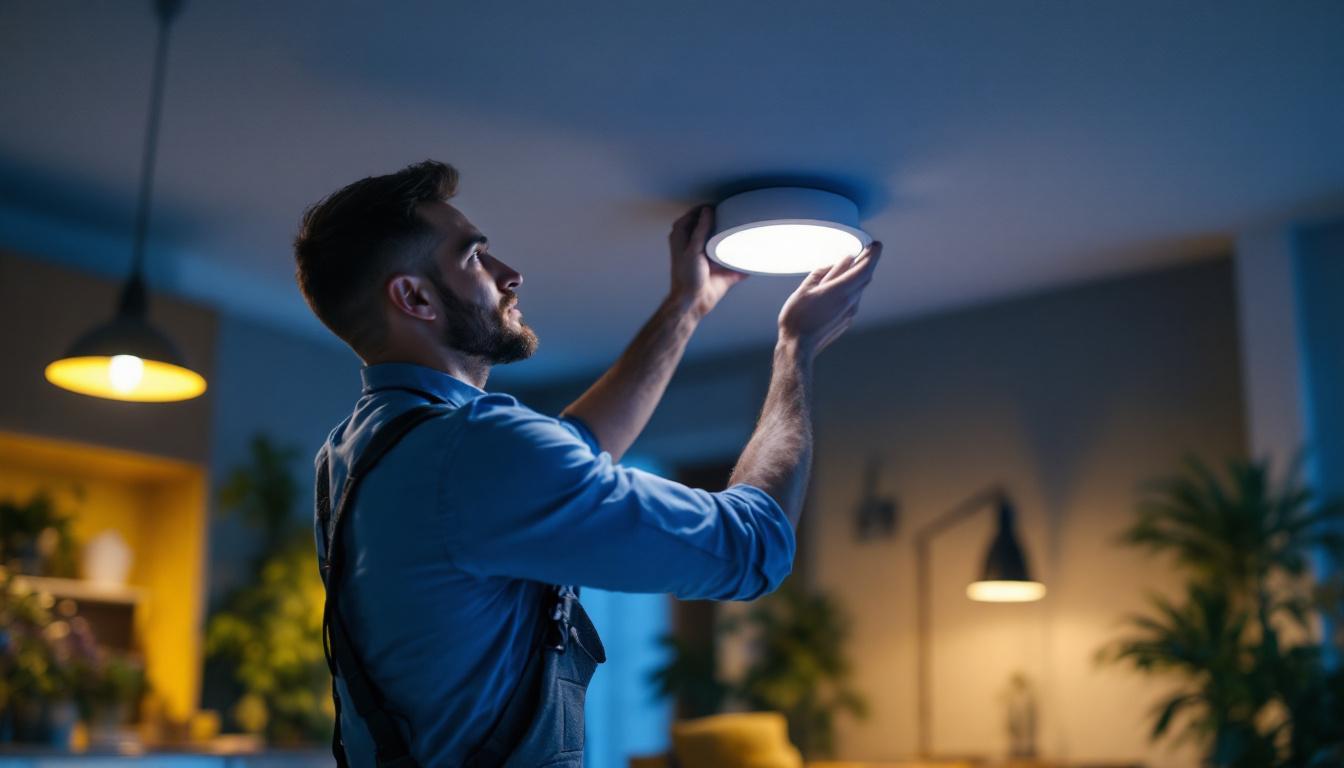 A photograph of a lighting contractor installing a sleek
