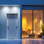 A photograph of a well-lit exterior apartment showcasing innovative lighting solutions