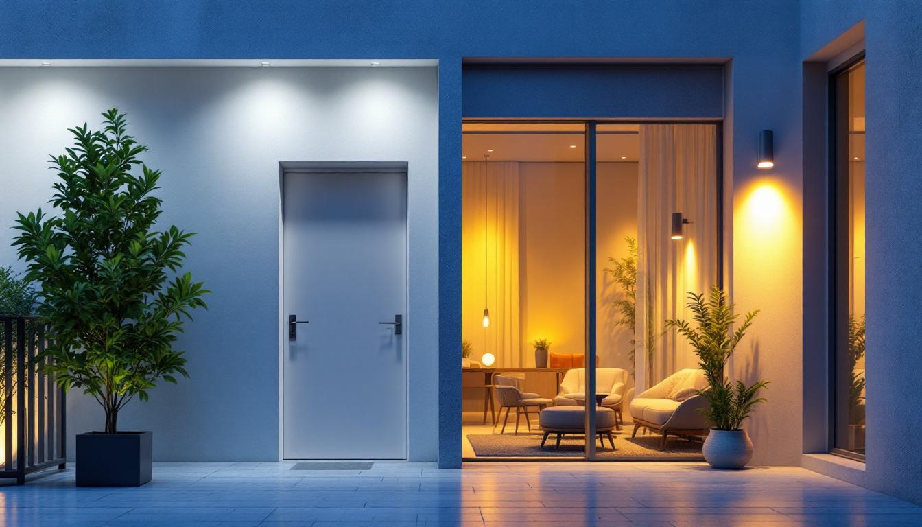 A photograph of a well-lit exterior apartment showcasing innovative lighting solutions