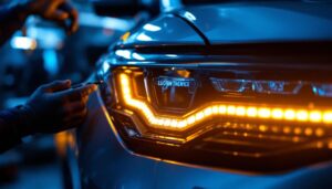 A photograph of a lighting contractor expertly installing led body lights in a modern vehicle