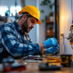 A photograph of a skilled lighting contractor working on electrical outlet connectors in a well-lit residential setting