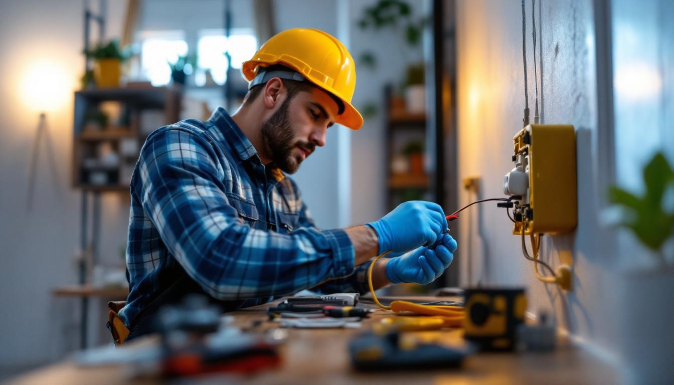 A photograph of a skilled lighting contractor working on electrical outlet connectors in a well-lit residential setting