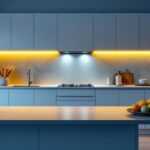 A photograph of a beautifully designed kitchen featuring modern light cabinets with integrated lighting