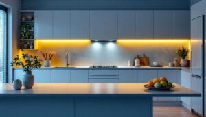 A photograph of a beautifully designed kitchen featuring modern light cabinets with integrated lighting