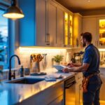 A photograph of a beautifully lit kitchen showcasing tape lighting installed under the cabinets