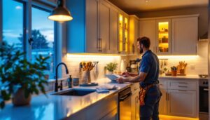 A photograph of a beautifully lit kitchen showcasing tape lighting installed under the cabinets