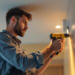 A photograph of a skilled lighting contractor installing recessed lighting in a modern home setting