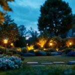 A photograph of a beautifully landscaped garden at dusk