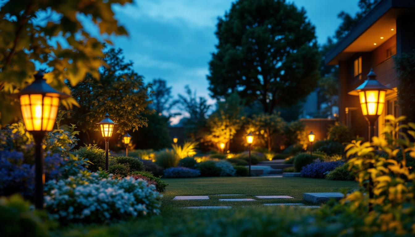 A photograph of a beautifully landscaped garden at dusk