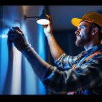 A photograph of a skilled lighting contractor installing or adjusting smart lighting fixtures in a modern home setting