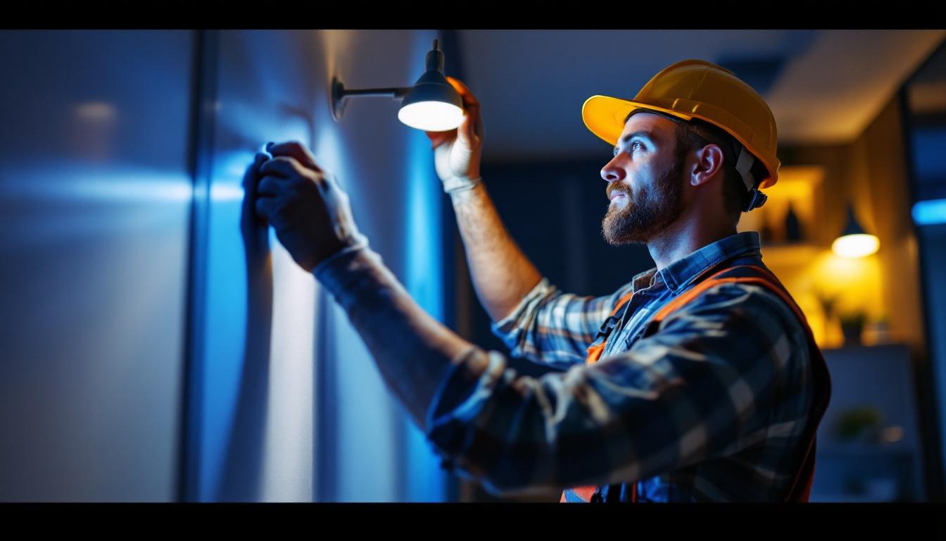 A photograph of a skilled lighting contractor installing or adjusting smart lighting fixtures in a modern home setting
