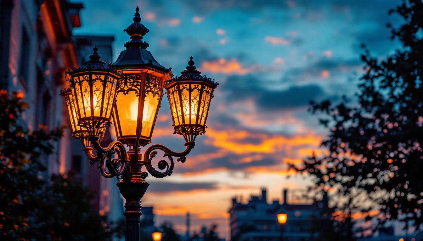 A photograph of a beautifully designed ornamental street light in an urban setting