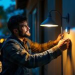 A photograph of a lighting contractor installing a lamp with a motion sensor in a residential setting