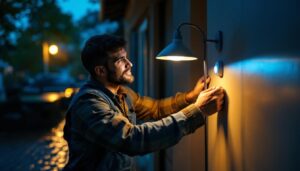 A photograph of a lighting contractor installing a lamp with a motion sensor in a residential setting