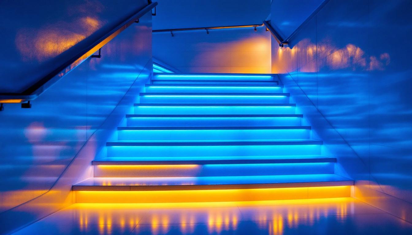A photograph of a well-lit staircase featuring stylish indoor led lights