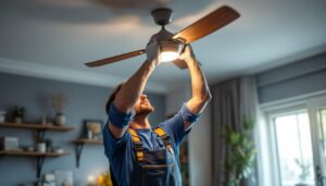 A photograph of a skilled lighting contractor installing a ceiling fan dimmer switch in a modern home setting