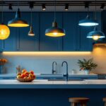 A photograph of a beautifully designed kitchen featuring a variety of ceiling light fixtures