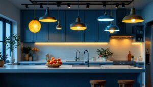 A photograph of a beautifully designed kitchen featuring a variety of ceiling light fixtures