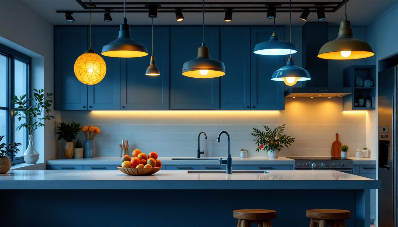 A photograph of a beautifully designed kitchen featuring a variety of ceiling light fixtures