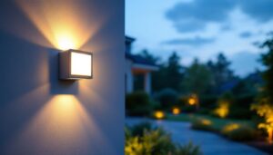 A photograph of an outdoor wall light with a built-in light sensor illuminating a beautifully landscaped entryway during dusk