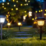 A photograph of a beautifully lit outdoor landscape showcasing various battery-powered landscaping lights in use