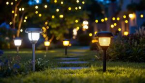 A photograph of a beautifully lit outdoor landscape showcasing various battery-powered landscaping lights in use