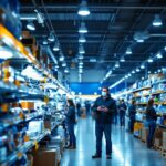 A photograph of a well-lit hardware aisle at lowe's showcasing a variety of led shop lights