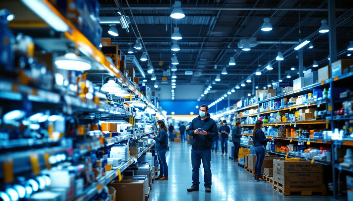 A photograph of a well-lit hardware aisle at lowe's showcasing a variety of led shop lights