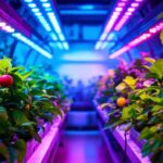 A photograph of a vibrant indoor hydroponic garden illuminated by an array of led grow lights