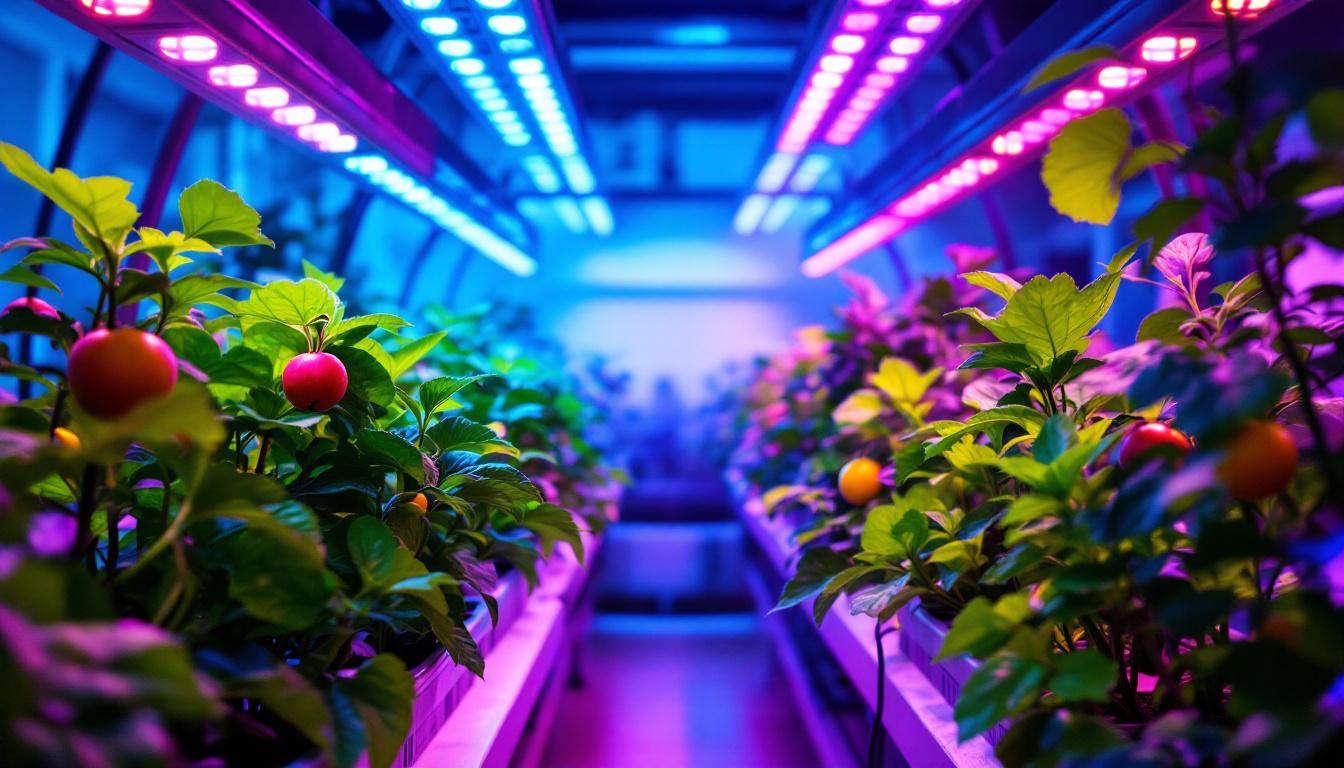 A photograph of a vibrant indoor hydroponic garden illuminated by an array of led grow lights
