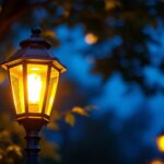 A photograph of a beautifully illuminated lamp post lantern in an outdoor setting