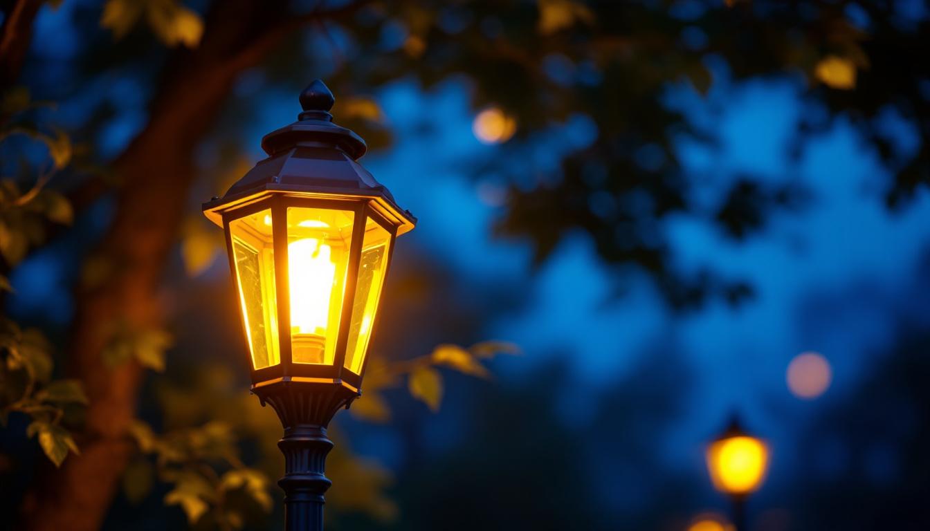 A photograph of a beautifully illuminated lamp post lantern in an outdoor setting