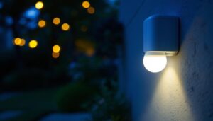 A photograph of a well-lit outdoor setting showcasing a motion-sensing light bulb in action