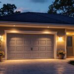 A photograph of a well-lit outdoor space showcasing various styles of garage lights in use