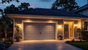 A photograph of a well-lit outdoor space showcasing various styles of garage lights in use