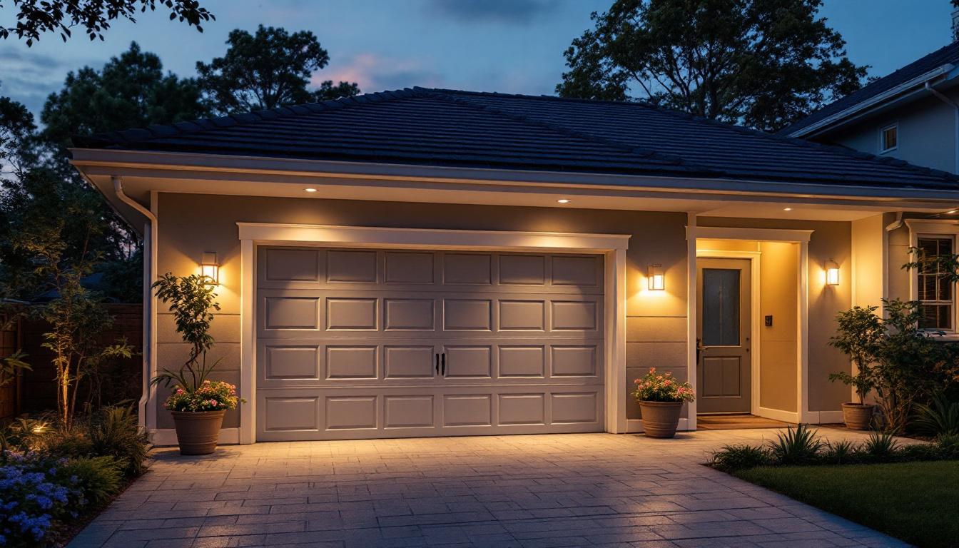 A photograph of a well-lit outdoor space showcasing various styles of garage lights in use